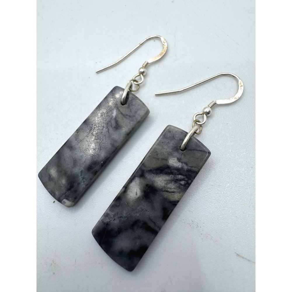 Grey Black Marbled Stone Rectangle Drop Earrings Silver Tone Fishhook Dangle